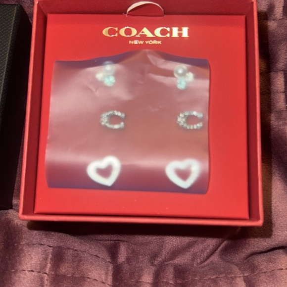 Coach Box Set of Signature Silver Stone Cluster & Heart Earrings Set - Picture 6 of 11